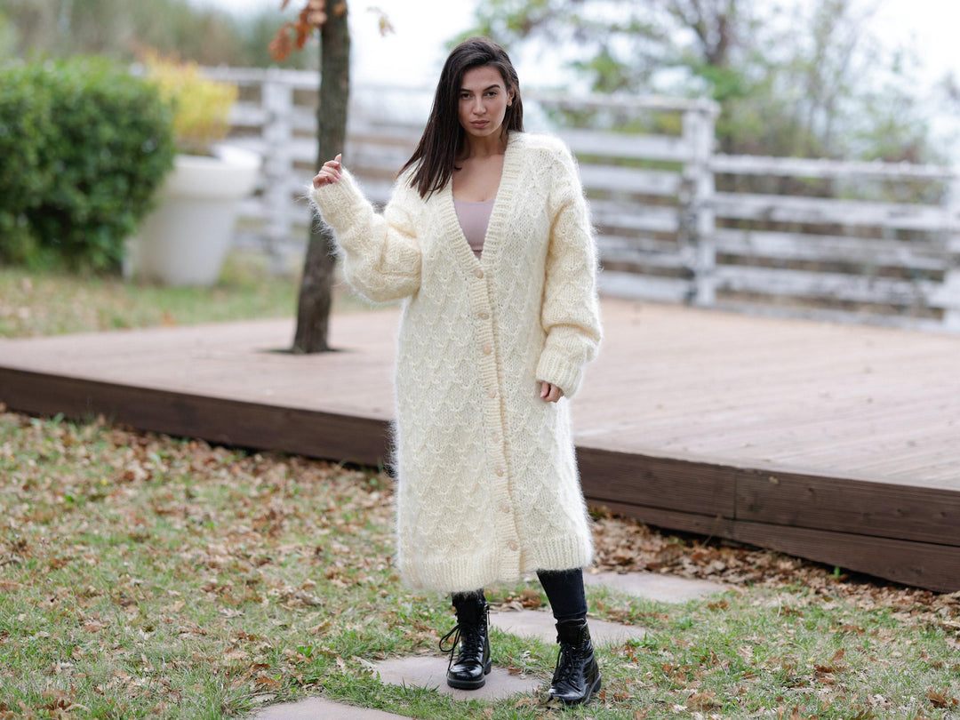 Cream Mohair Cardigan – Hand Knitted Cable Knit Sweater T1142