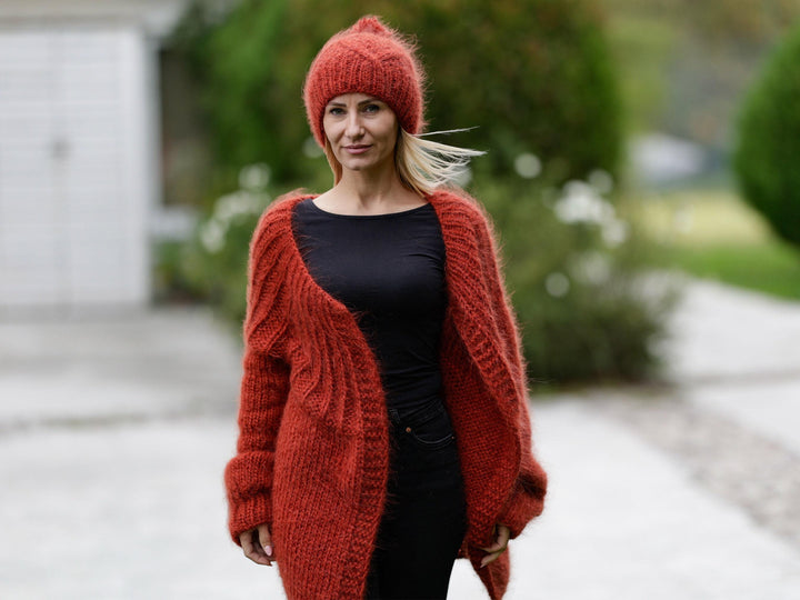Orange Mohair Cardigan – Hand Knitted Cable Knit Sweater T1141