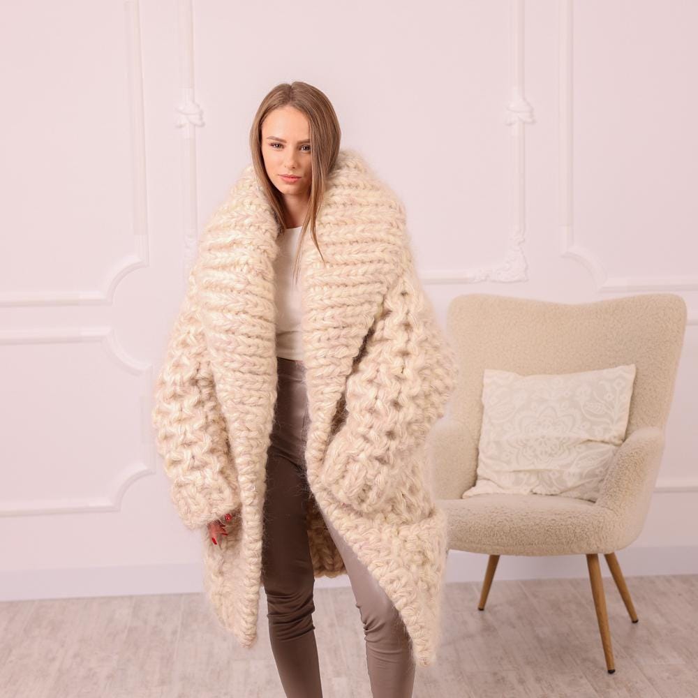 Chunky Cream Mohair Cardigan – Hand Knitted Oversized Sweater T2009