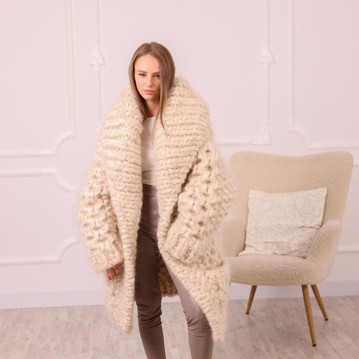Chunky Cream Mohair Cardigan – Hand Knitted Oversized Sweater T2009