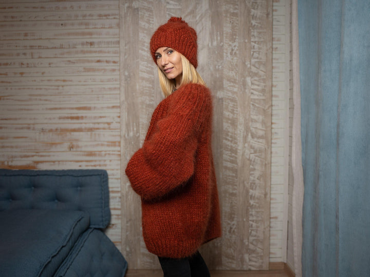 Orange Mohair Cardigan – Hand Knitted Cable Knit Sweater T1141