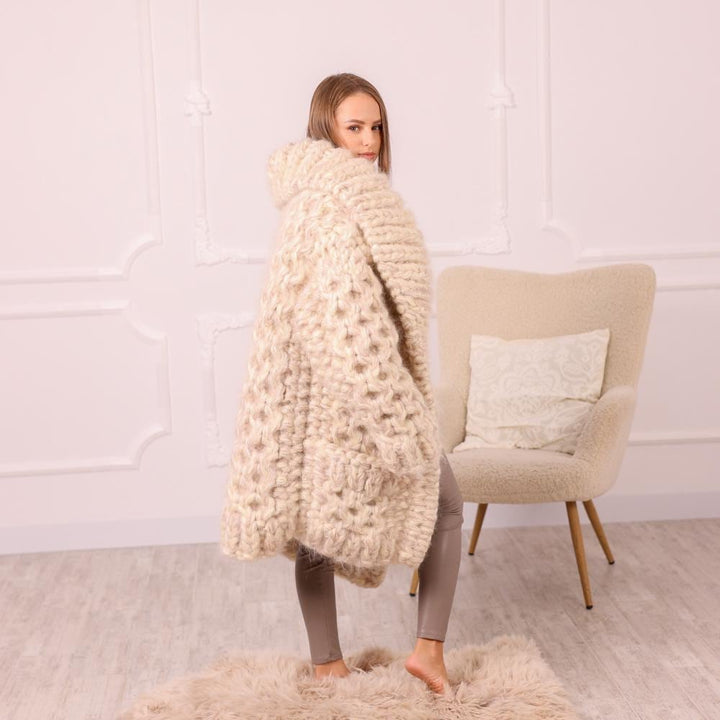 Chunky Cream Mohair Cardigan – Hand Knitted Oversized Sweater T2009