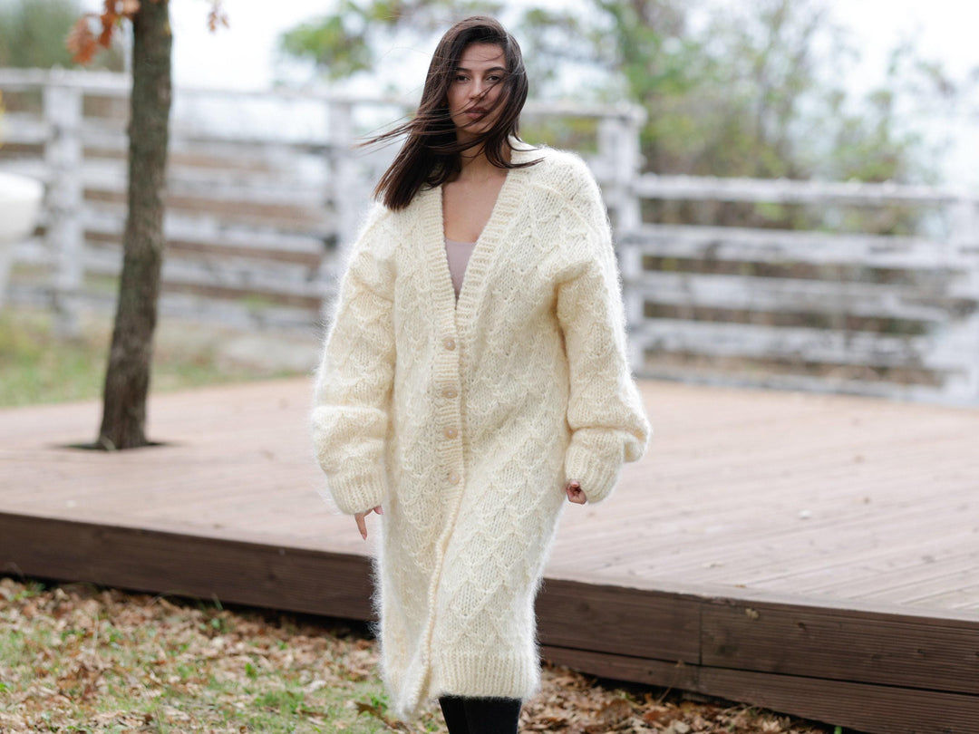 Cream Mohair Cardigan – Hand Knitted Cable Knit Sweater T1142