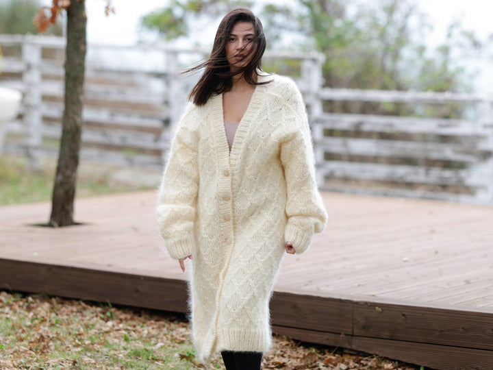 Cream Mohair Cardigan – Hand Knitted Cable Knit Sweater T1142