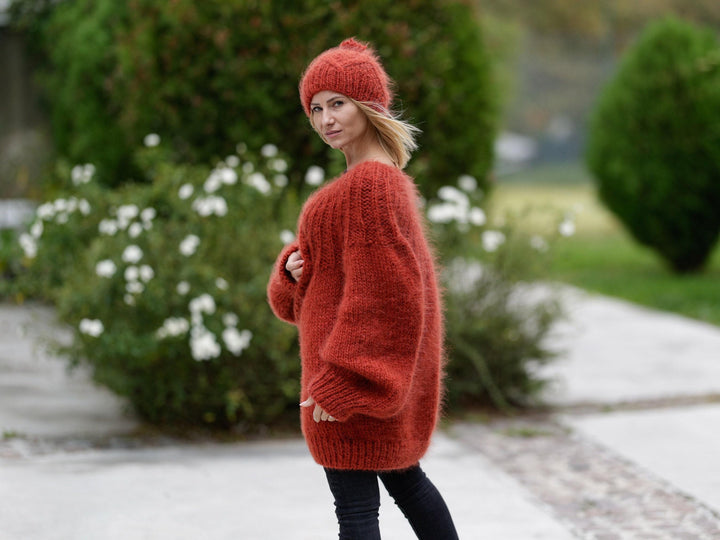 Orange Mohair Cardigan – Hand Knitted Cable Knit Sweater T1141