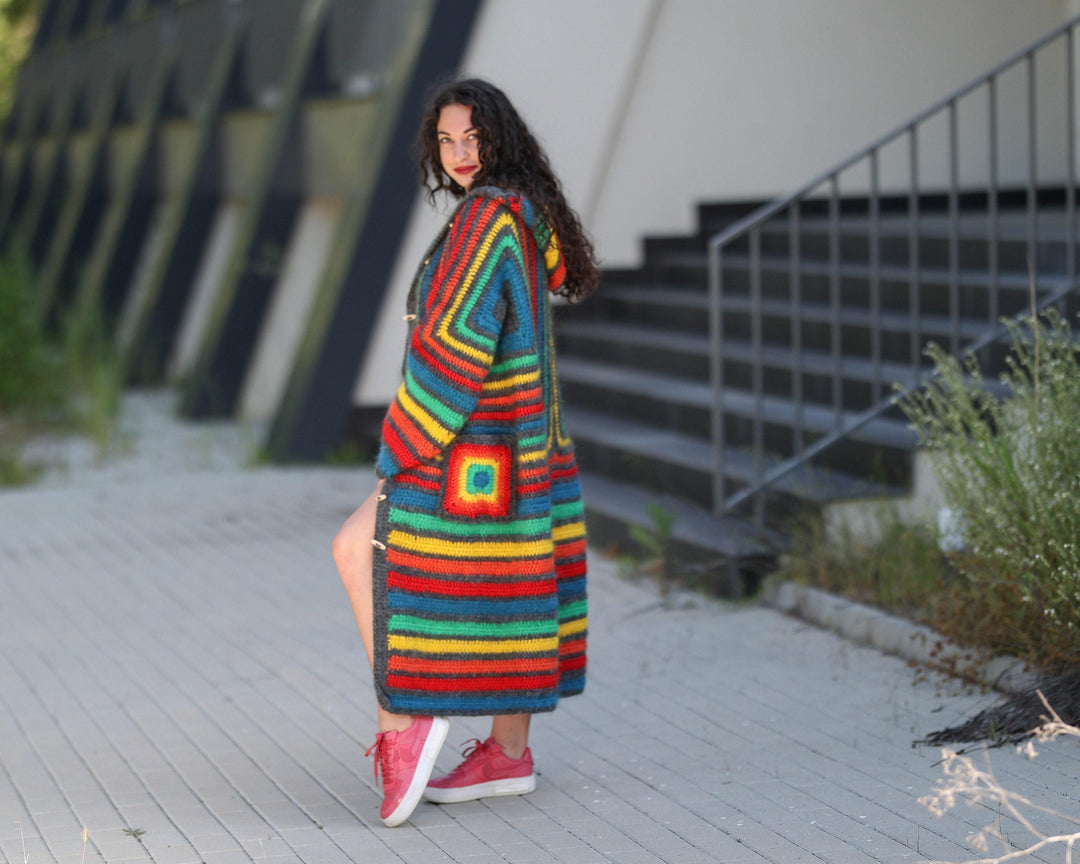 Rainbow Mohair Crochet Cardigan – Hand Made Long Multicolor Maxi Coat T1442