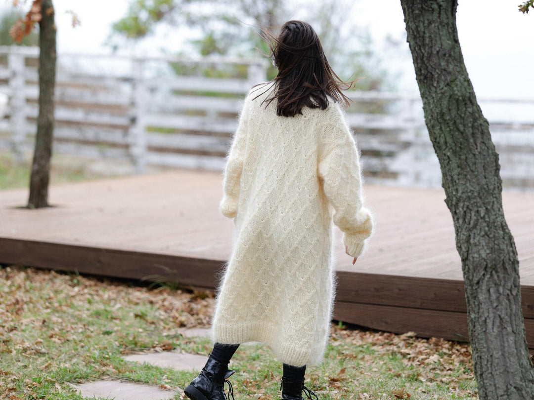 Cream Mohair Cardigan – Hand Knitted Cable Knit Sweater T1142