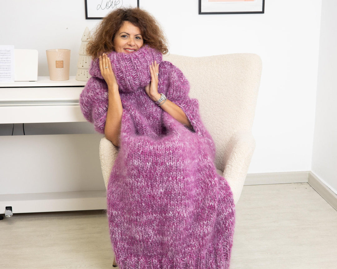 Long Mohair Poncho Dress – Hand Knitted Cream Knit with Extra Long Turtleneck T1316