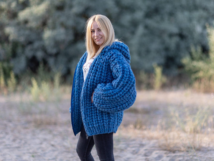 Chunky Blue Mohair Cardigan – Hand Knitted Italian Mohair Lambswool Coat T1085