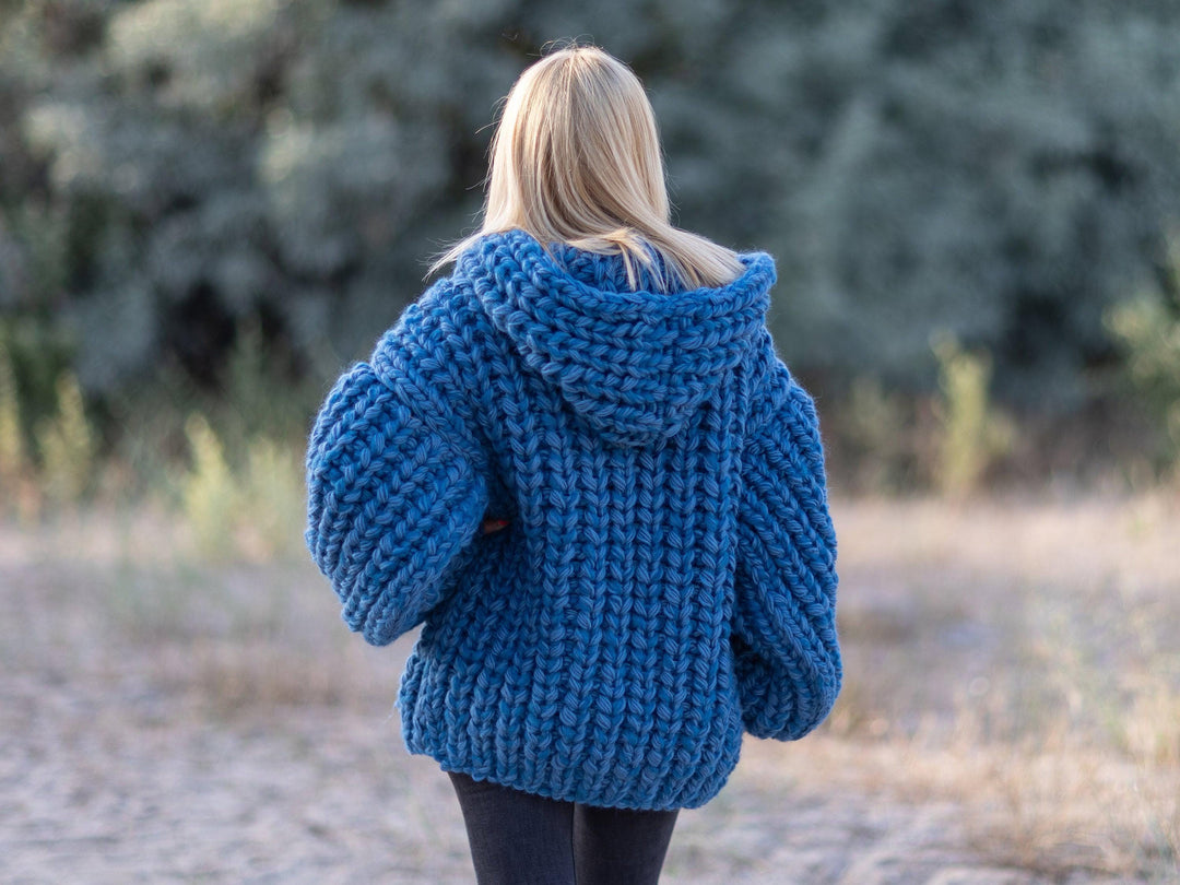 Chunky Blue Mohair Cardigan – Hand Knitted Italian Mohair Lambswool Coat T1085