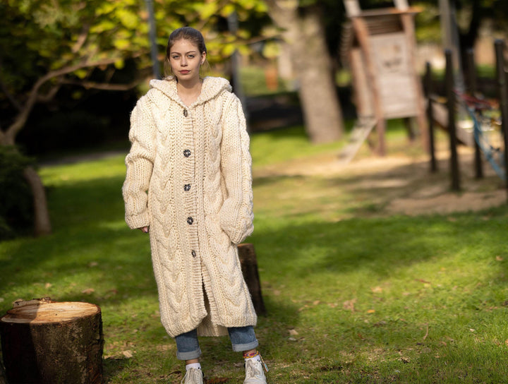Cream Wool Cardigan – Hand Knitted Cable Knit Sweater T1288