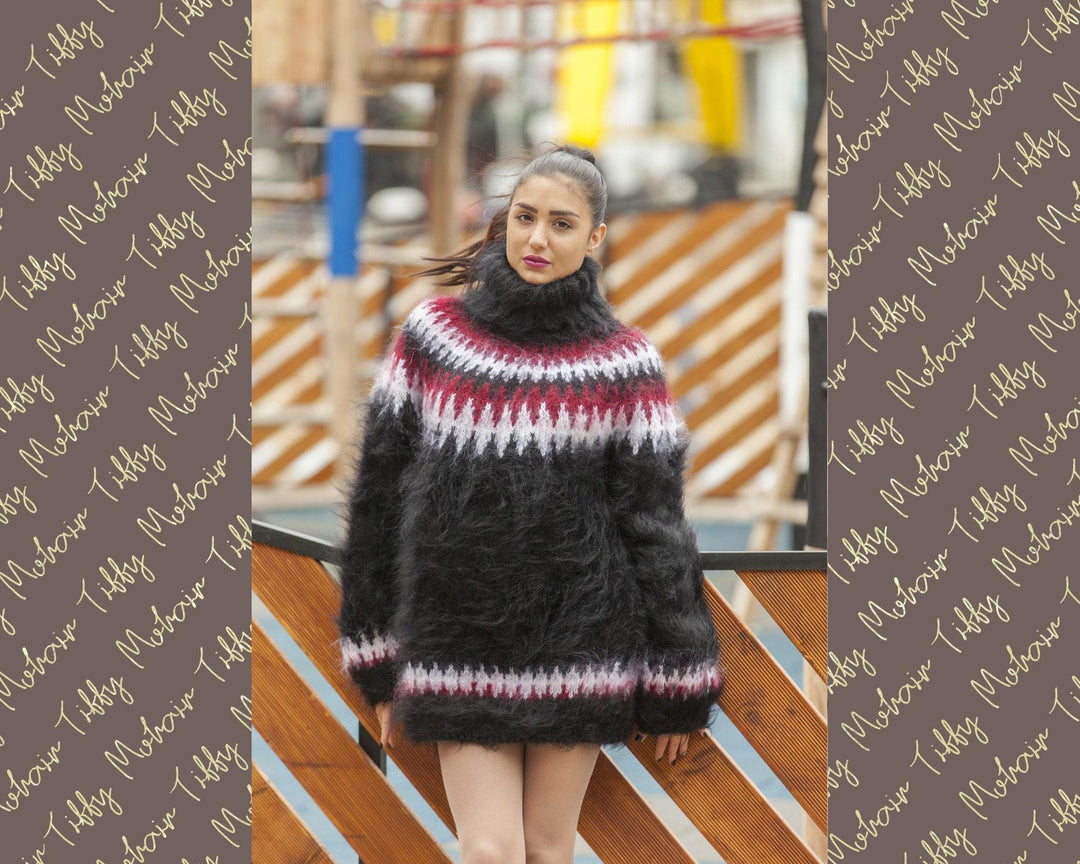 Fair Isle Mohair Sweater – Hand Knitted Icelandic Nordic Pullover T455