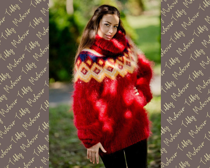 Mohair Wool Sweater – Hand Knitted Rustic Icelandic Lopapeysa Pullover T104