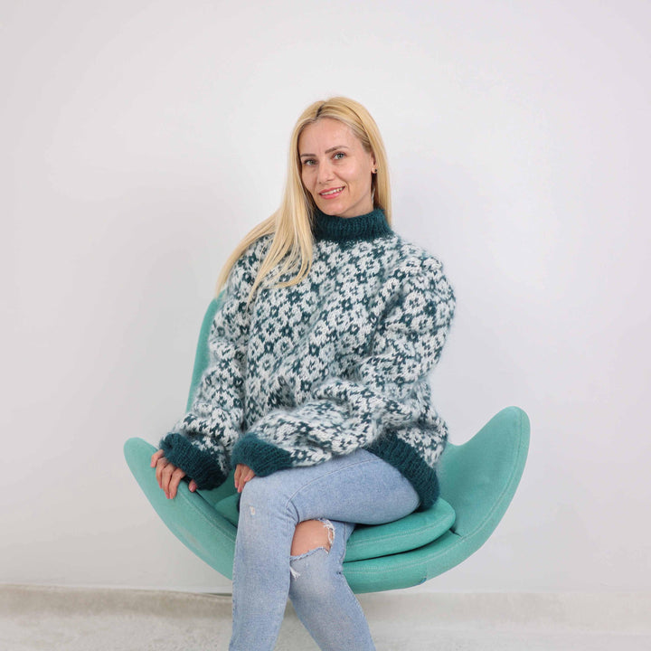 Hand Knitted Icelandic Sweater, Green Mohair Wool Nordic Pullover T1873