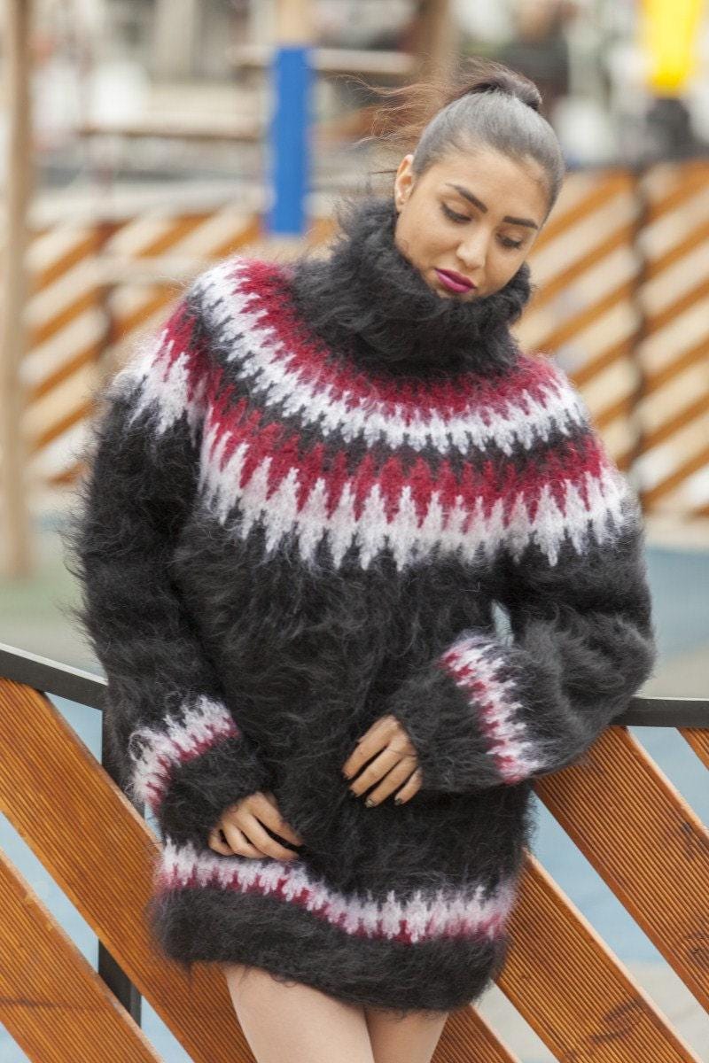 Fair Isle Mohair Sweater – Hand Knitted Icelandic Nordic Pullover T455