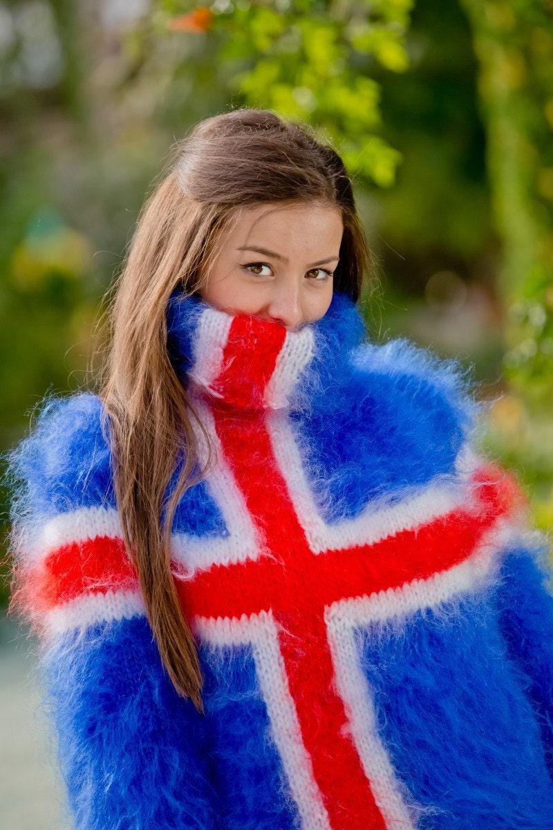 Icelandic Flag Mohair Sweater – Hand Knitted Blue Fuzzy Turtleneck Pullover T118