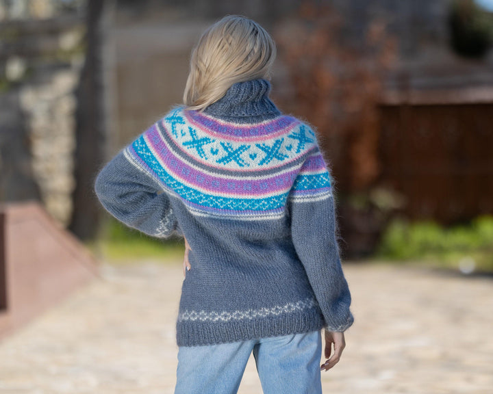 Gray Icelandic Mohair Sweater – Hand Knitted Norwegian Wool Pullover T1422