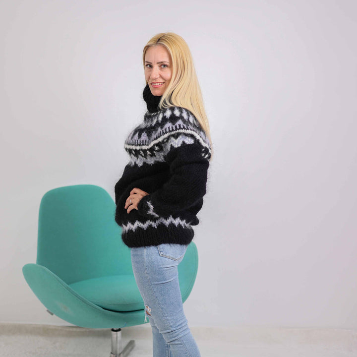 Black Icelandic Sweater, Hand Knitted Mohair Wool Nordic Pullover T1874