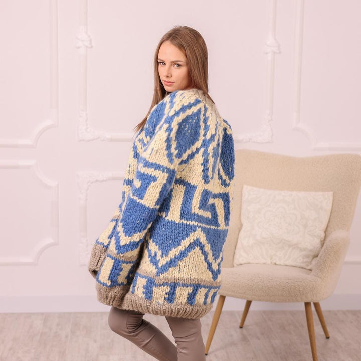 Chunky Wool Icelandic Sweater, Hand Knitted Blue Cream Nordic Pullover T2005