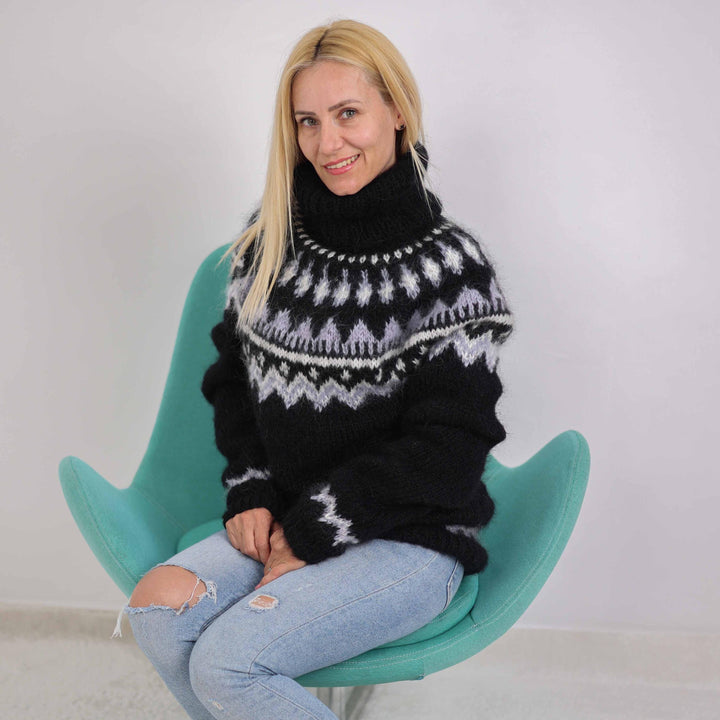 Black Icelandic Sweater, Hand Knitted Mohair Wool Nordic Pullover T1874