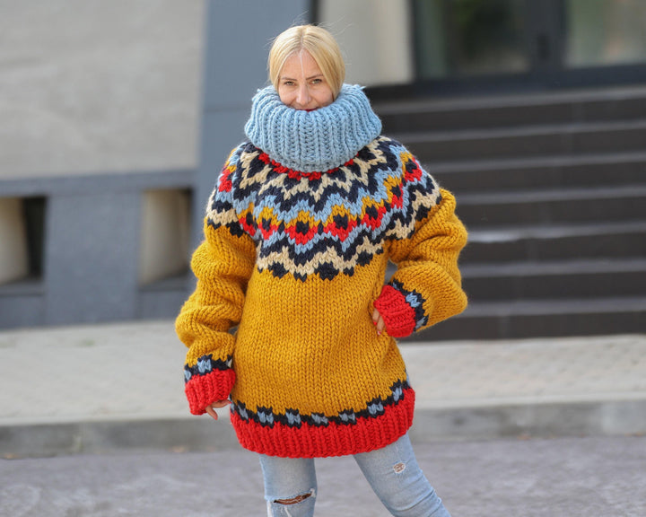 Super Chunky Nordic Wool Sweater with 60 cm Turtleneck, Hand Knitted 5-Strand Pullover T1498