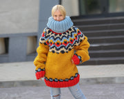 Pull en laine nordique super épais avec col roulé de 60 cm, tricoté à la main 5 brins T1498