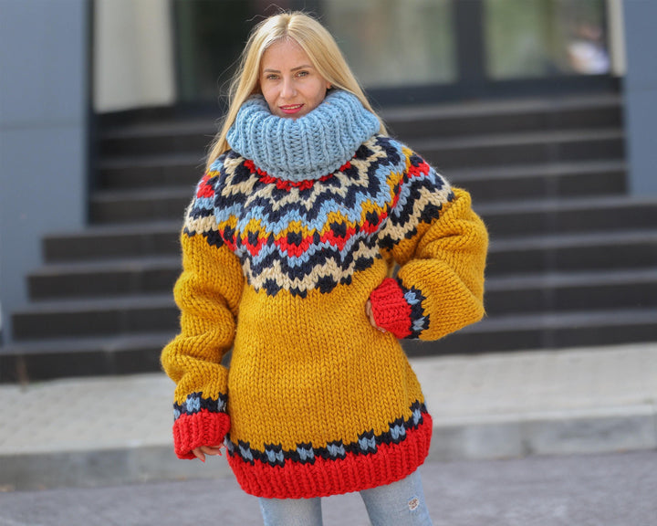 Super Chunky Nordic Wool Sweater with 60 cm Turtleneck, Hand Knitted 5-Strand Pullover T1498