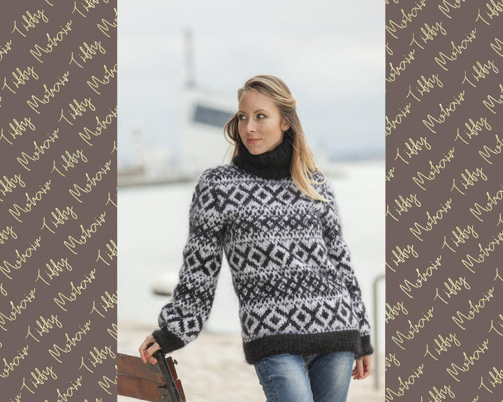 Black White Icelandic Mohair Sweater – Hand Knitted Nordic Turtleneck Pullover T458