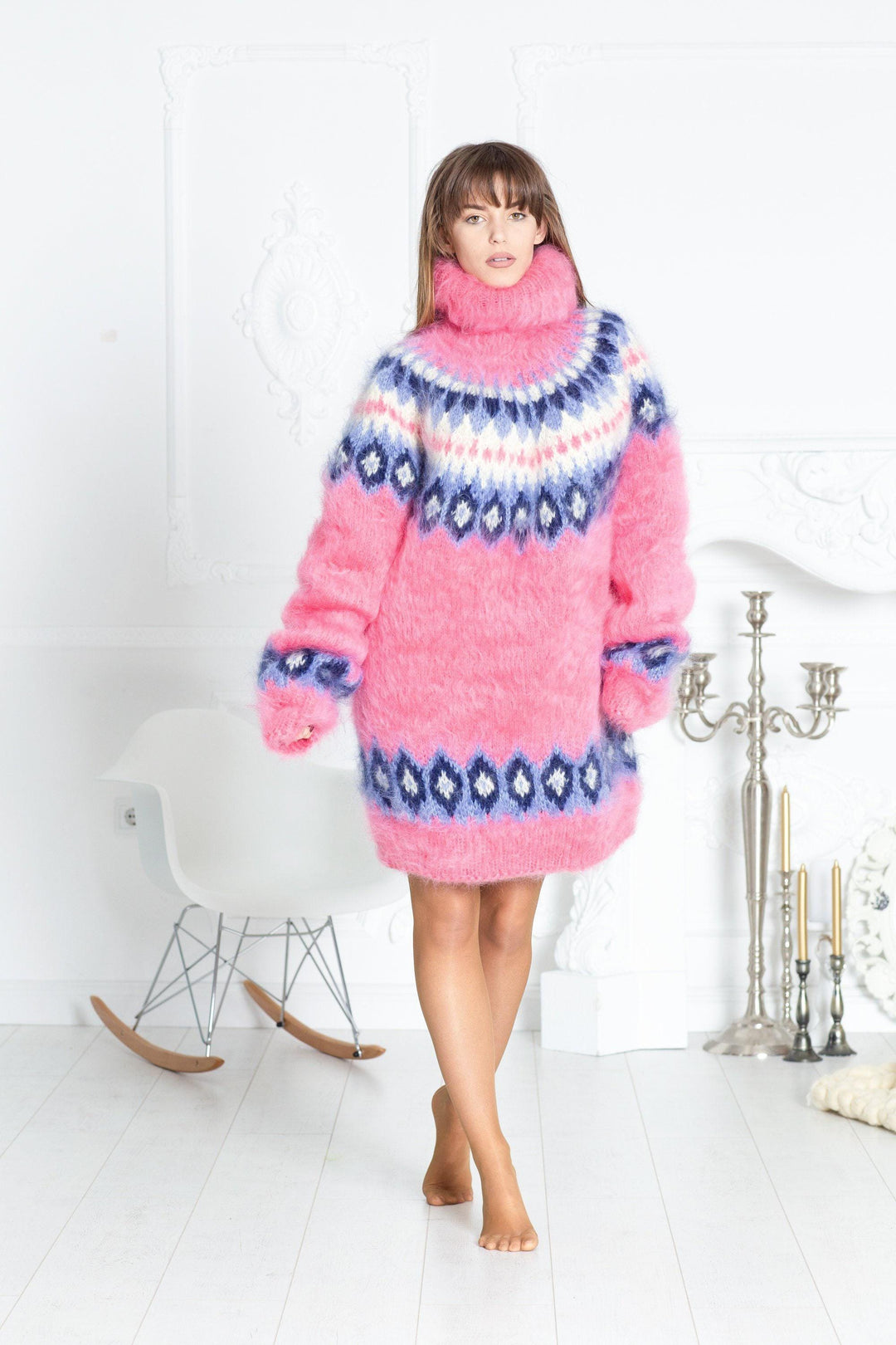 Pink Mohair Sweater – Hand Knitted Icelandic Nordic Pullover T591