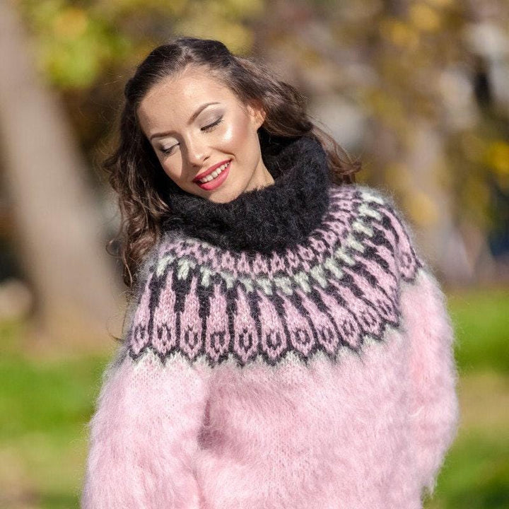 Pink Mohair Sweater – Hand Knitted Icelandic Lopi Wool Pullover T383