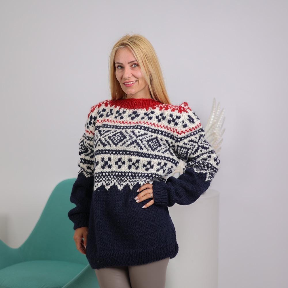 Norwegian Marius Sweater, Hand Knitted Wool Nordic Pattern Pullover T1915