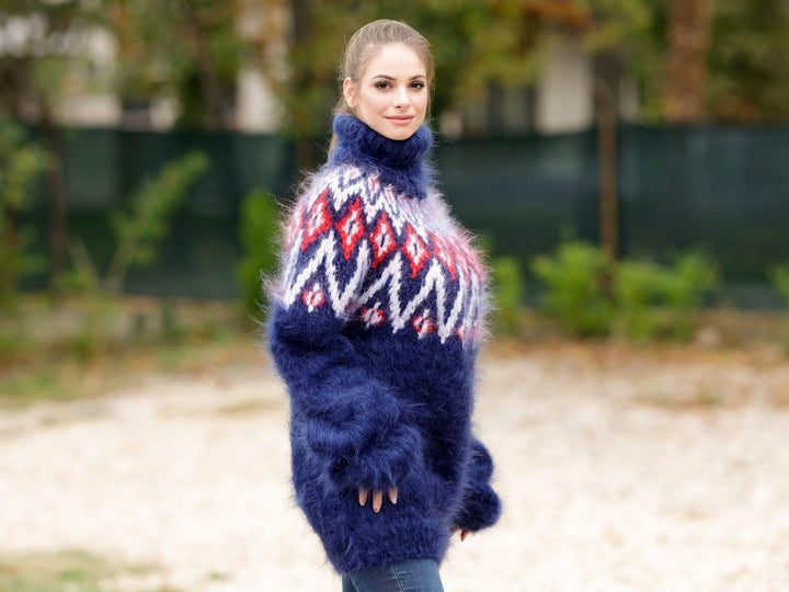 Blue Icelandic Mohair Sweater – Hand Knitted Norwegian Pullover T1119