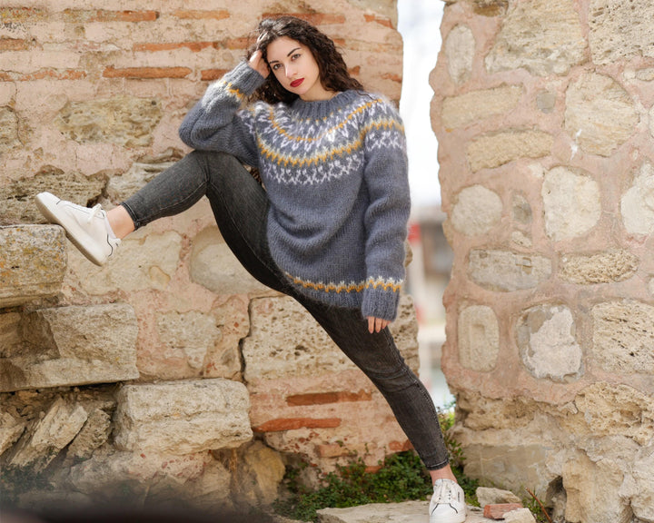 Gray Mohair Sweater – Hand Knitted Icelandic Pullover T1400