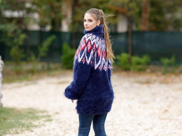 Blue Icelandic Mohair Sweater – Hand Knitted Norwegian Pullover T1119