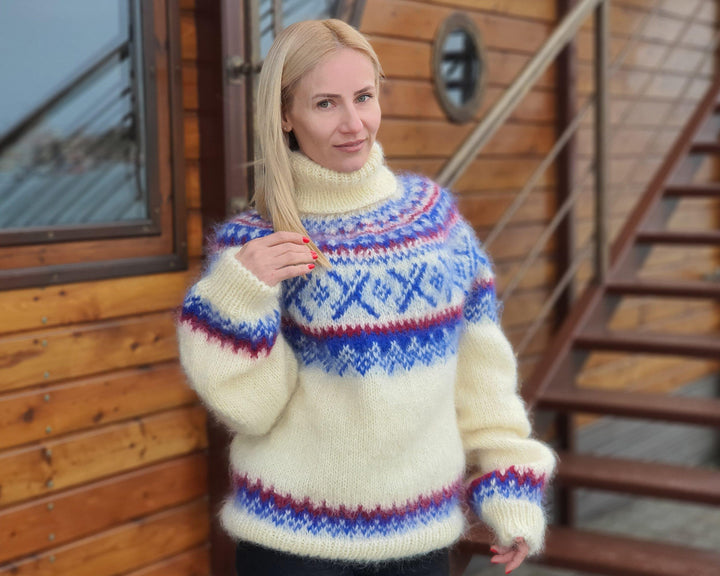 White Mohair Sweater – Hand Knitted Icelandic Nordic Pullover T918