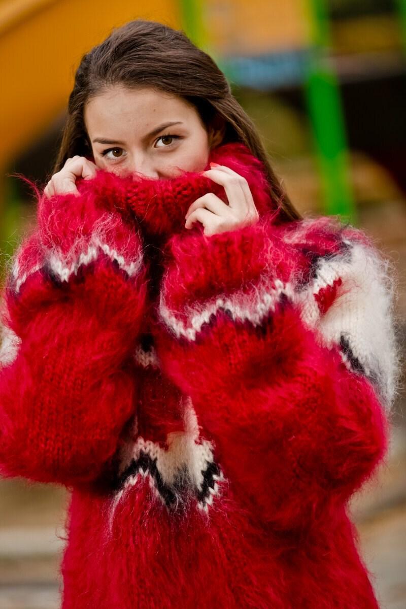 Red Mohair Sweater – Hand Knitted Icelandic Nordic Pullover T199
