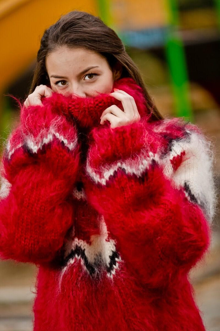 Red Mohair Sweater – Hand Knitted Icelandic Nordic Pullover T199