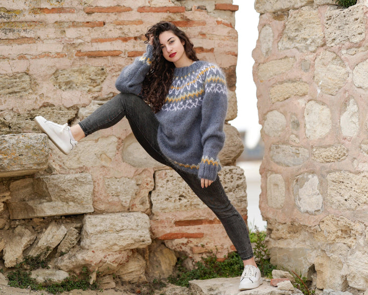 Gray Mohair Sweater – Hand Knitted Icelandic Pullover T1400
