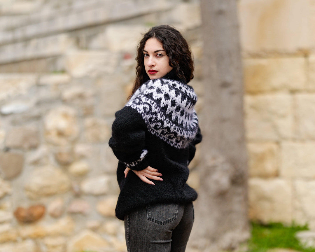 Black Mohair Sweater – Hand Knitted Icelandic Pullover T1401