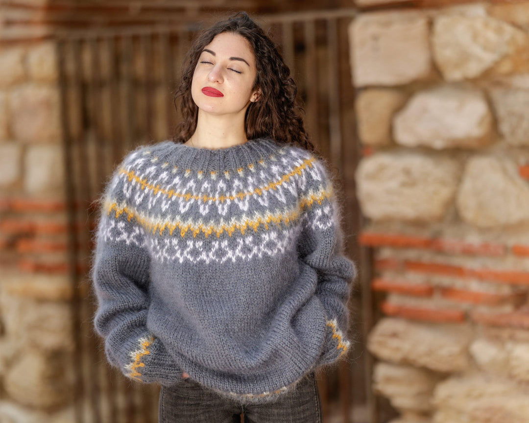 Gray Mohair Sweater – Hand Knitted Icelandic Pullover T1400