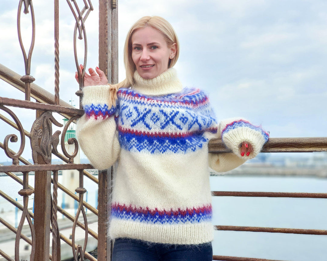 White Mohair Sweater – Hand Knitted Icelandic Nordic Pullover T918