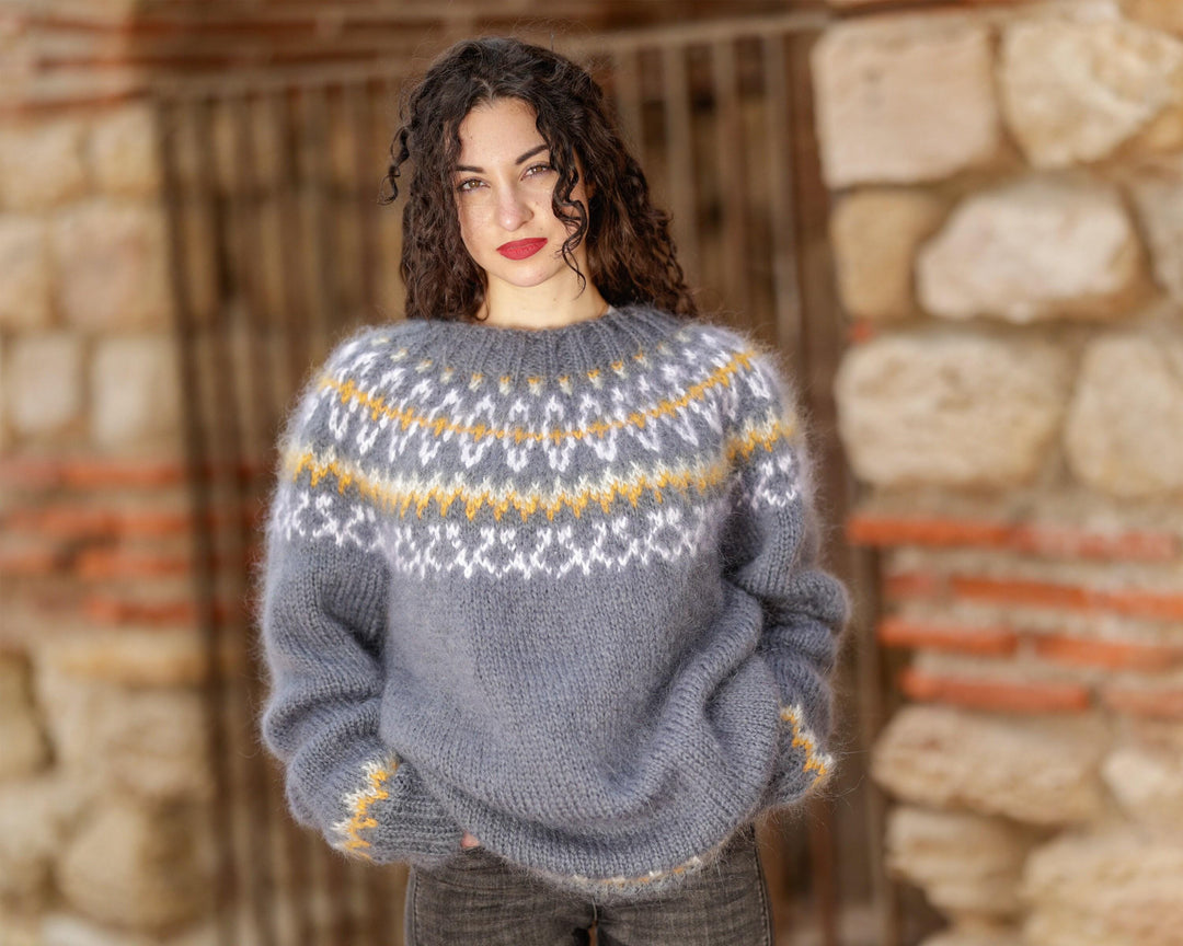 Gray Mohair Sweater – Hand Knitted Icelandic Pullover T1400