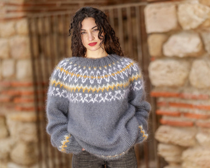 Gray Mohair Sweater – Hand Knitted Icelandic Pullover T1400