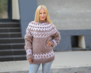 Pull en Mohair Islandais Beige – Tricoté Main, Style Scandinave T1496