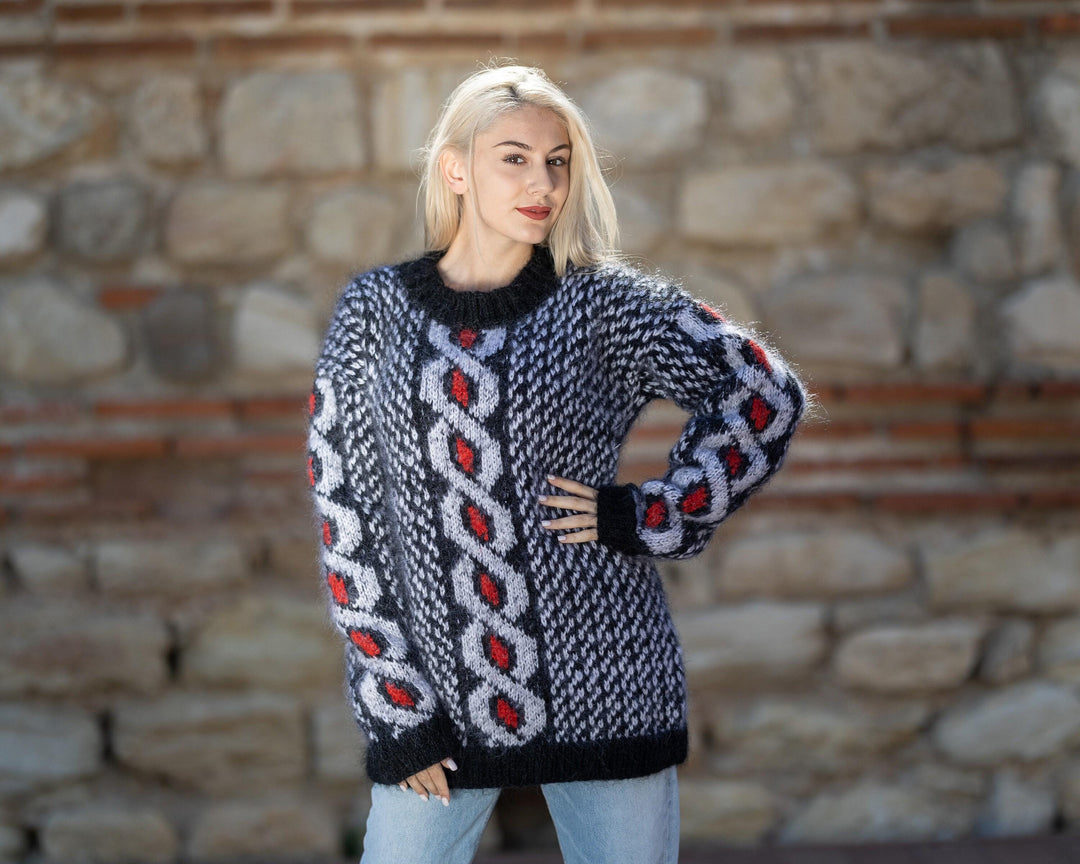 Colorful Mohair Sweater – Hand Knitted Icelandic Norwegian Pullover T1407