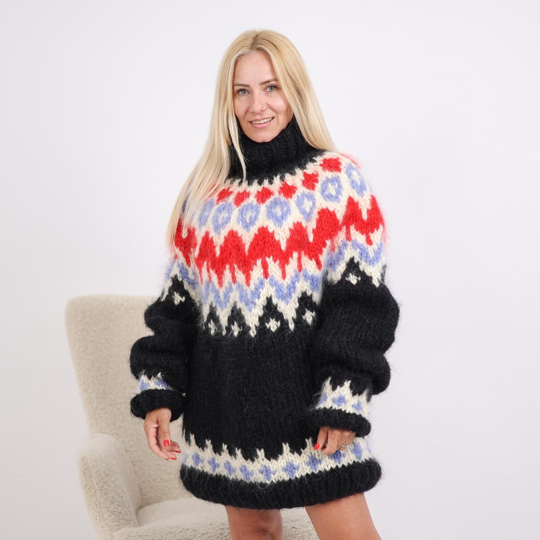Icelandic Mohair Sweater, Hand Knitted 5-Strand Nordic Turtleneck Pullover T1900