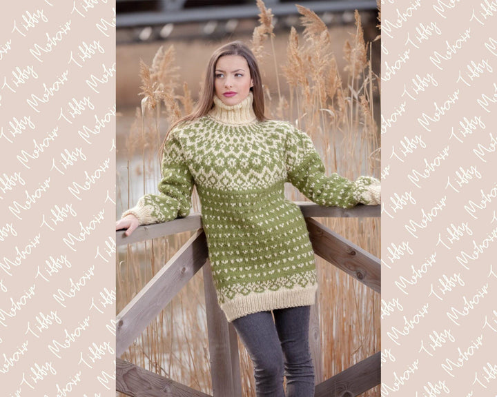 Green Wool Sweater – Hand Knitted Icelandic Nordic Pullover T438