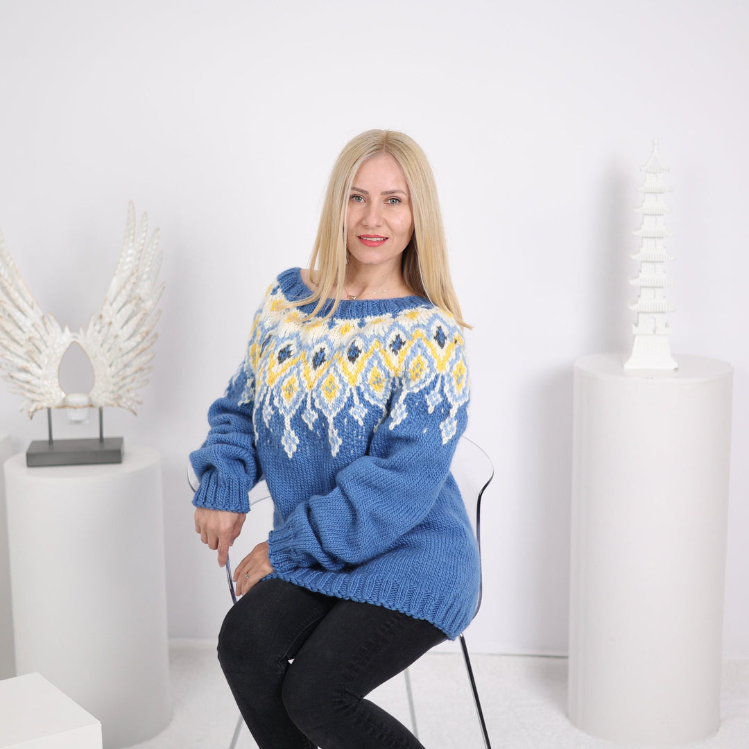 Lopi Wool Sweater – Hand Knitted Icelandic Blue Pullover T1631