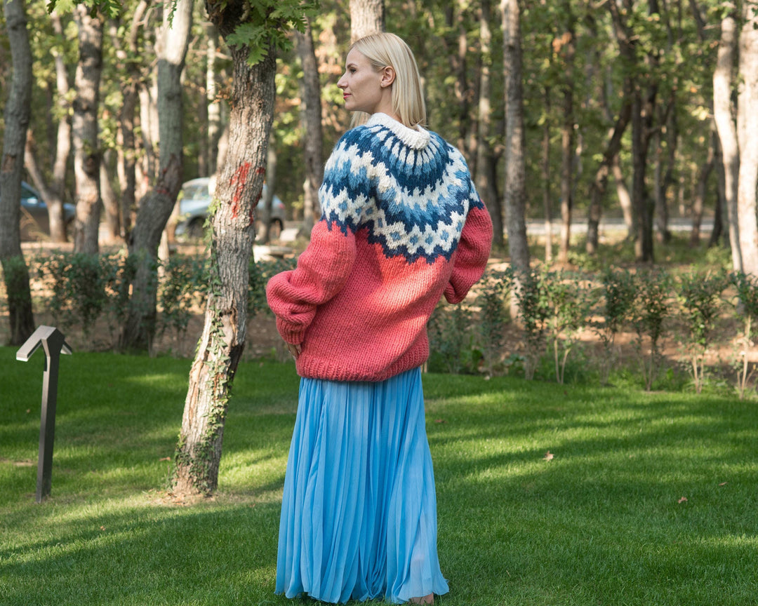 Pink Lopi Wool Sweater, Hand Knitted Icelandic Pullover T823W