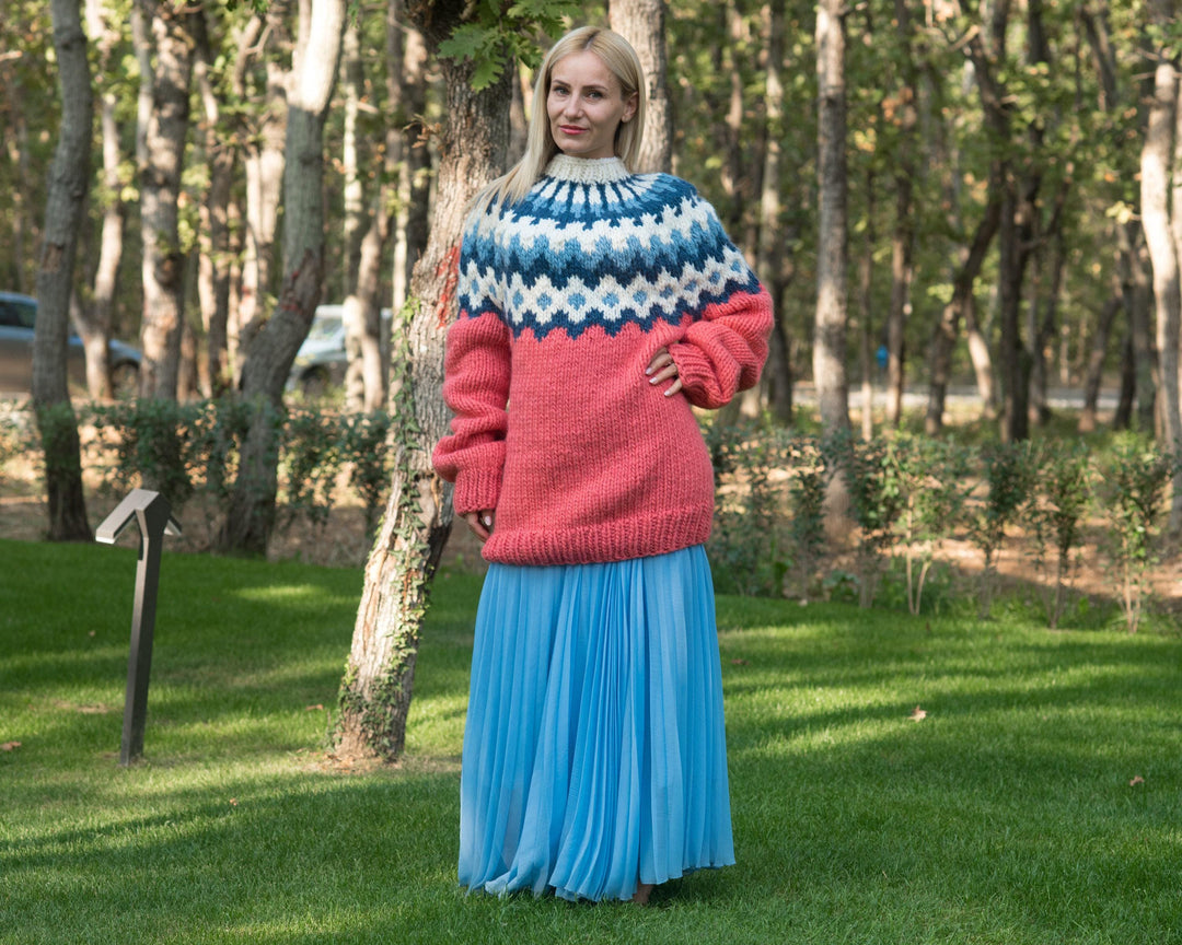 Pink Lopi Wool Sweater, Hand Knitted Icelandic Pullover T823W